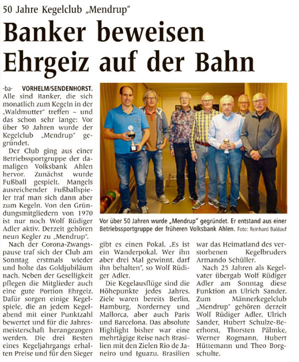 Bericht der Ahlener Volkszeitun g vom 15.10.2021 zum 5ojährigen Jubiläum von MEN DRUP