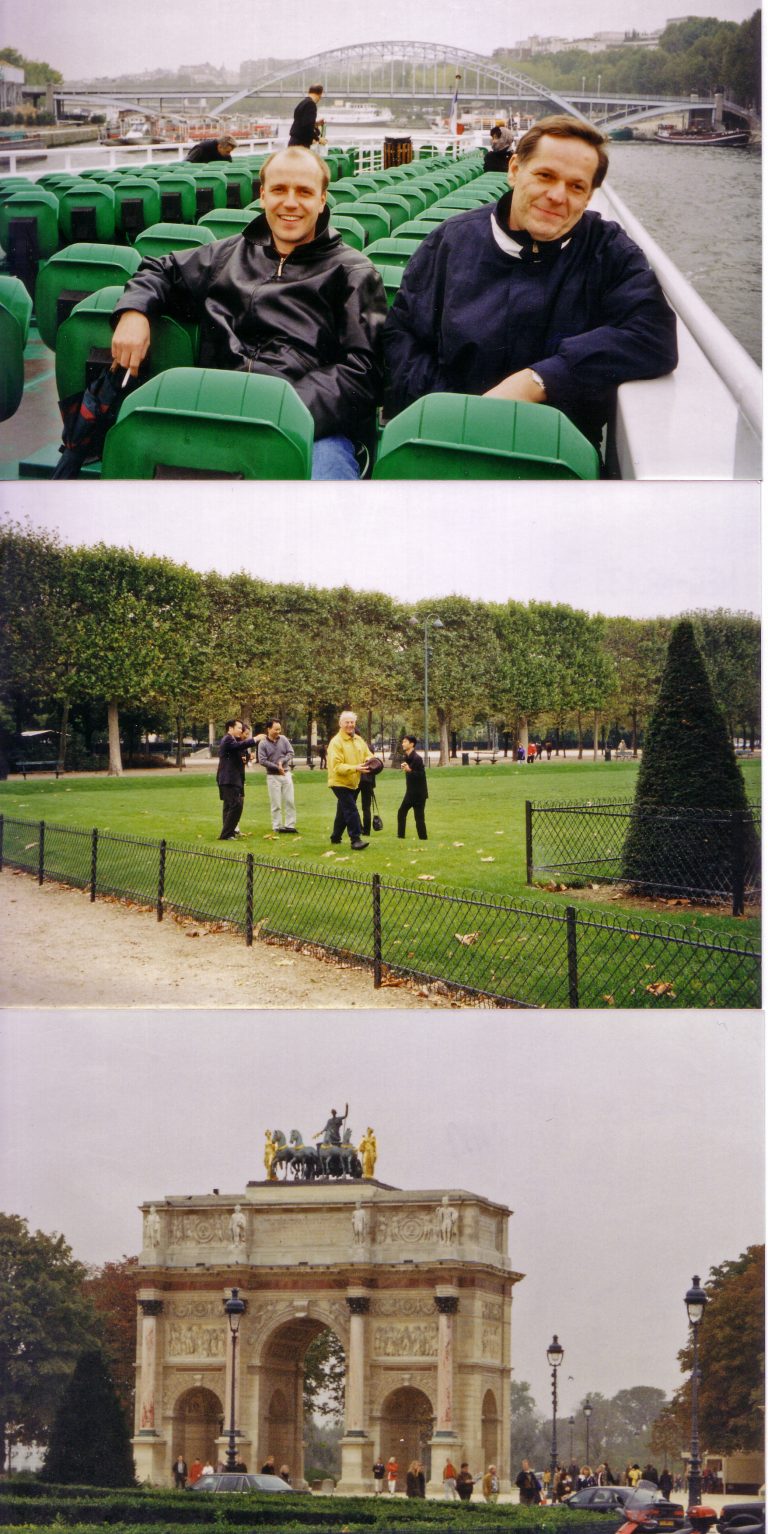 Marcel und Bernd auf der Seine Rundfahrt, Tobi schliesst Kontakte mit der Pariser Jugend und Men Drup vor dem Arc de Triomphe