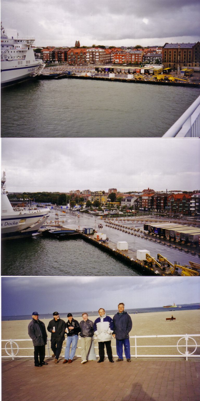 Unten am Strand von Travemünde und oben ein Blick auf die Anlegemanöver am Hafen von Trelleborg