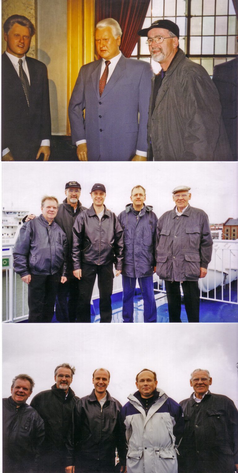 Oben schliesst der Präsident internationale Kegelclubkontakte mit Clinton und Jelzin, unten Men Drup an Bord.