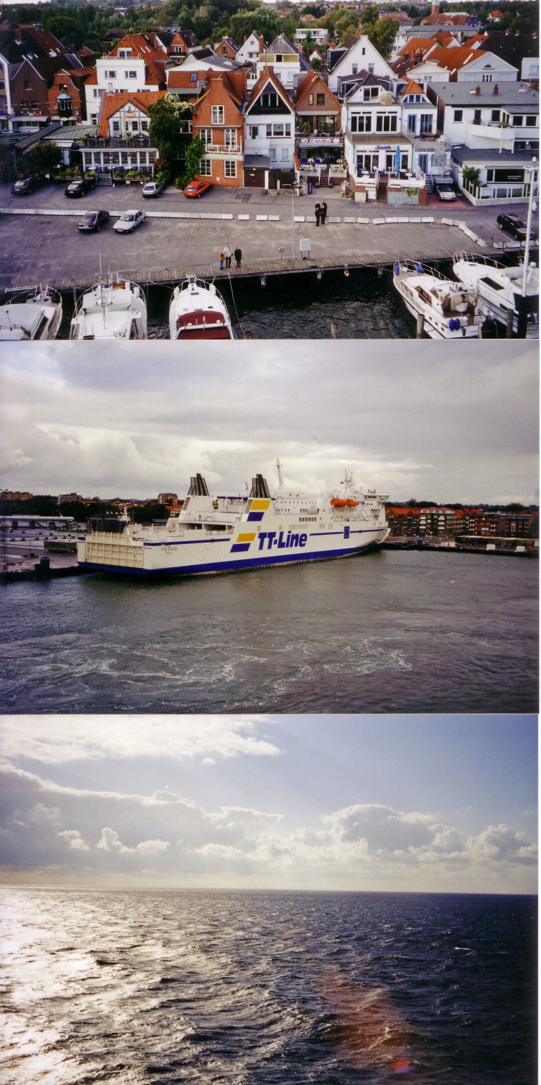 Die Wiederankunft in Travemünde, das Nachbarschiff und ein Blick aufs Meer in der Abendsonne.
