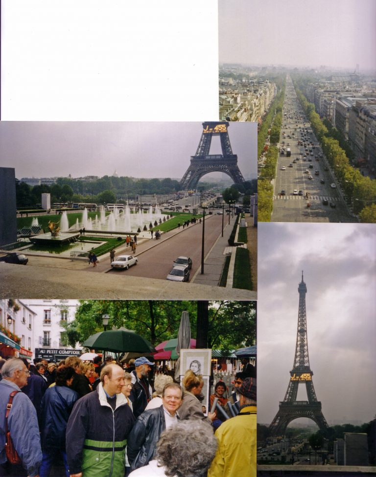 Ein Blick auf den Vorplatz vom Eiffelturm und auf den Turm selbst, der damals die Tageszahl bis zum Jahrtausendwechsel anzeigte, oben ein Blick vom Triumphbogen und unten Karl, Ulli und Horst auf dem Künstlermarkt von Montparnasse