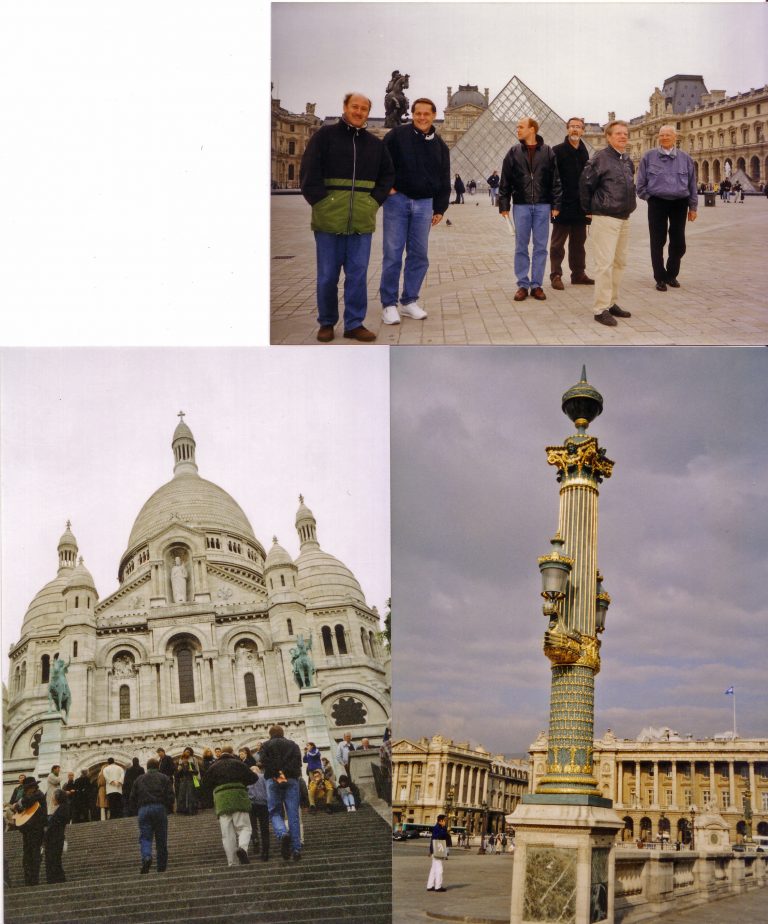 Ulli, Bernd, Marcel, Wolf - Rüdiger, Horst und Karl vor dem Louvre, unten Men Drup vor der Basilika Sacré Coeur und ein typischer Pariser Platz.
