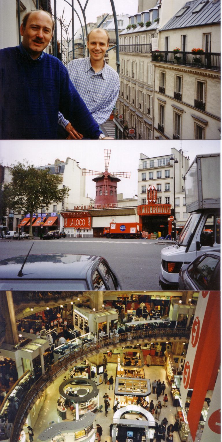 Ulli und Marcel auf dem Balkon unseres Hotelzimmers, die berühmteste Mühle von Paris Moulin Rouge und ein Blick in das ebenso berühmte Kaufhaus.